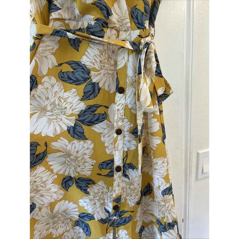 Monteau Wrap Dress Yellow Floral Pleated Drawstring Faux Button Front- Size Lg - Picture 3 of 5